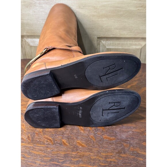 Ralph Lauren Jenny Women Size 8.5B Tan Leather Gold Hardware Riding Tall Boot - Picture 8 of 9